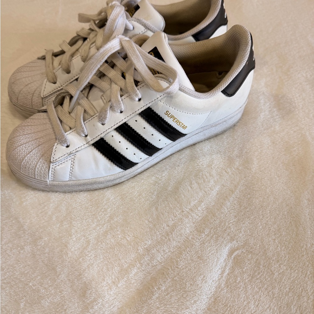 Adidas Kids Sneakers - White, Black, and Gold shell toe superstar size 6.5